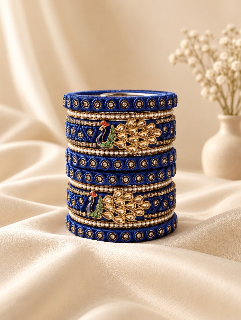 Blue Peacock Thread Bangle Set with Glass Stones for Festive Wear Size 2.8